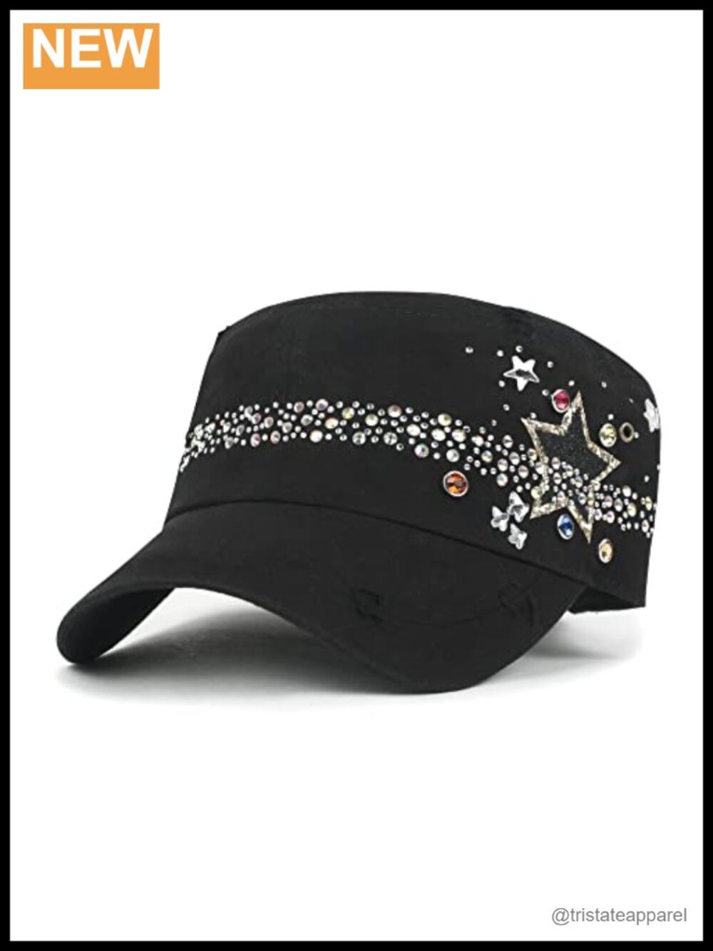 Rhinestone Cotton Cadet Cap Vintage Distressed Military Army Hat Adjustable